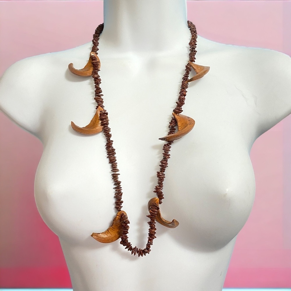 Natural Wood & Seed Boho Long Necklace